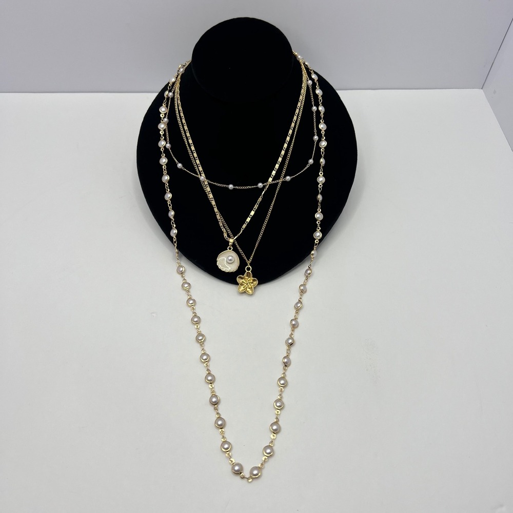 Gold Faux Pearl Layered Necklace Set of 4 Floral Charm Shell Pendant